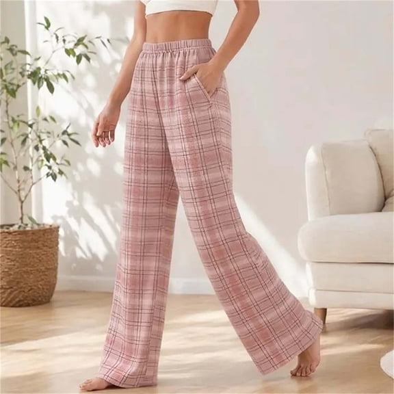 Mifsaly Womens Wide Leg Lounge Pants Women Plaid Pajama Pants Elastic Waist Relaxed Fit Casual Comfy Trousers with Pockets for Everyday Home Relaxation Pink,XL