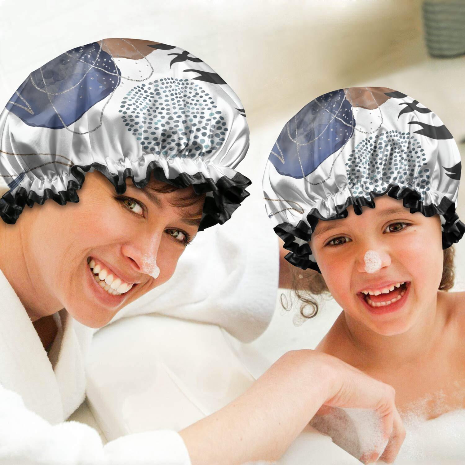 Shower Caps,Blue Boho Abstract and Plant Pattern Waterproof Shower Cap for Women 4 Pieces,Double Reusable Hair Cover for Shower PEVA Elastic Stretch Hem