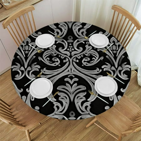 

Tllo0ord Waterproof Wipeable Table Cover Floral Elements with Elastic Edge Waterproof Table Cover Black Fits Tables 42-46