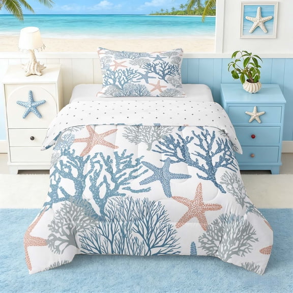 Manfei Watercolor Starfish Coral Twin Comforter Sets for Kids Boys and Girls, Marine Animal Bedding Set, Reversible 2-Piece, 1 Comforter and 1 Pillowcase