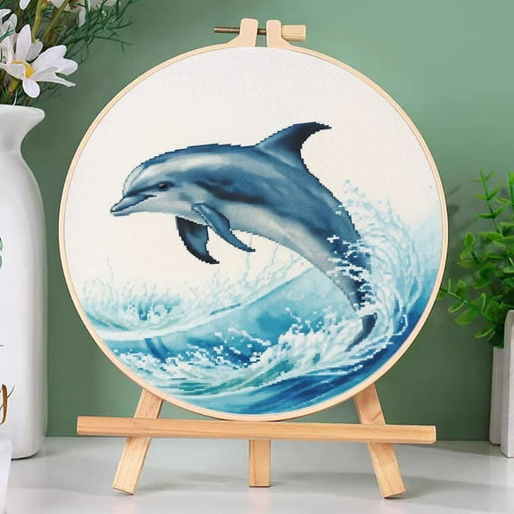 DIY Cross Stitch Kits Dolphin Easy for Beginners with Hoop 11CT Needlepoint Embroidery Counted Stamped Cross Stitch Set Craft Wall Decor 20x20cm(2)