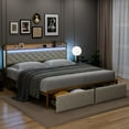 thumbnail image 3 of YUSAZENS King Size Bed Frame with RGB LED and Charging Station Headboard, Beige Upholstered Platform Bed Frame King with 2 Storage Drawers, No Box Spring Needed, Heavy Duty, 3 of 8