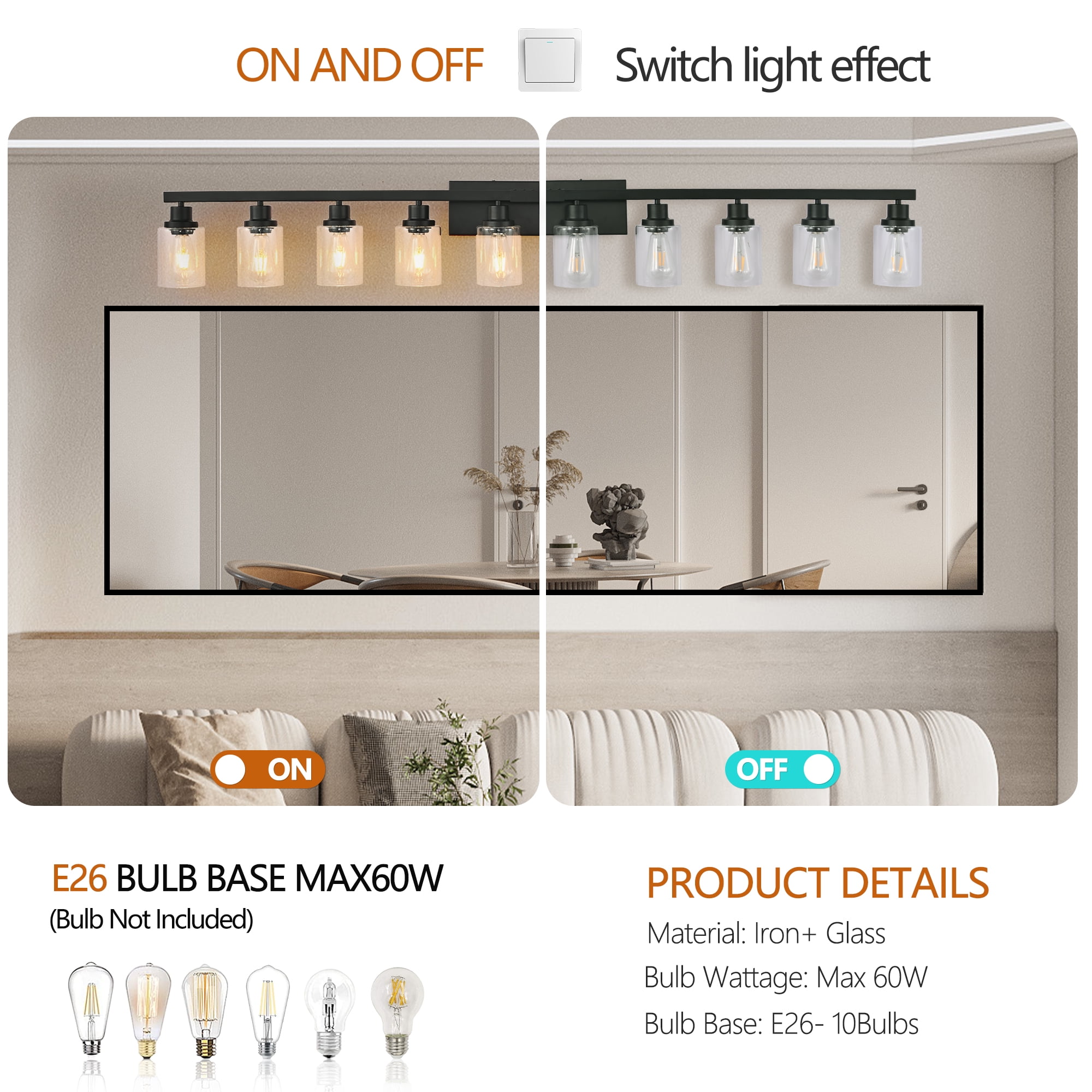 Miniyam 65" Black 10 Light Bathroom Vanity Lights for Bathroom, Vanity Lights Fixtures Modern Wall Lighting for Mirror Bedroom, Living Room (E26, No Bulbs)