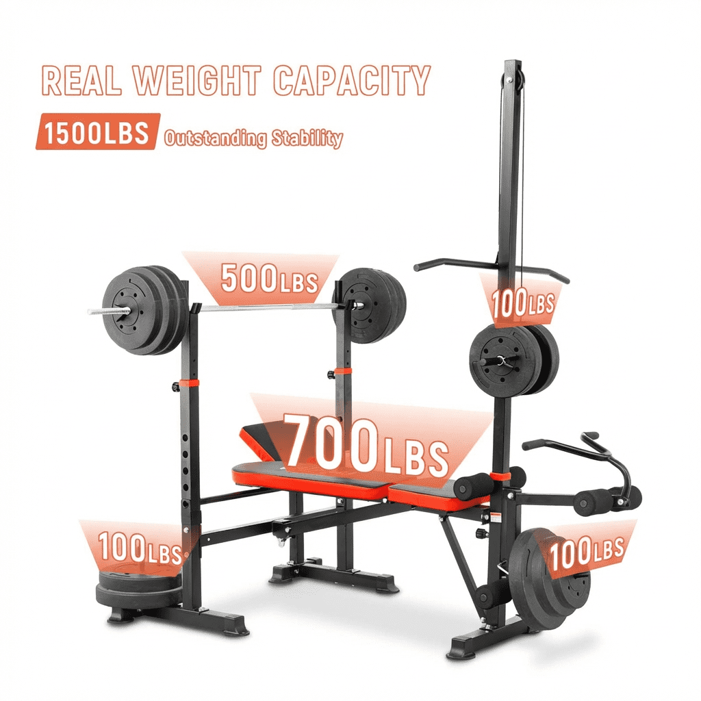 PUATUL 1500LB 8 IN 1 Weight Bench with Lat Pulldown and Leg Extension/Curl, Foldable Bench Press with Preacher Curl & Squat Rack, Workout Benches with Safety Bar Catches for Home Gym