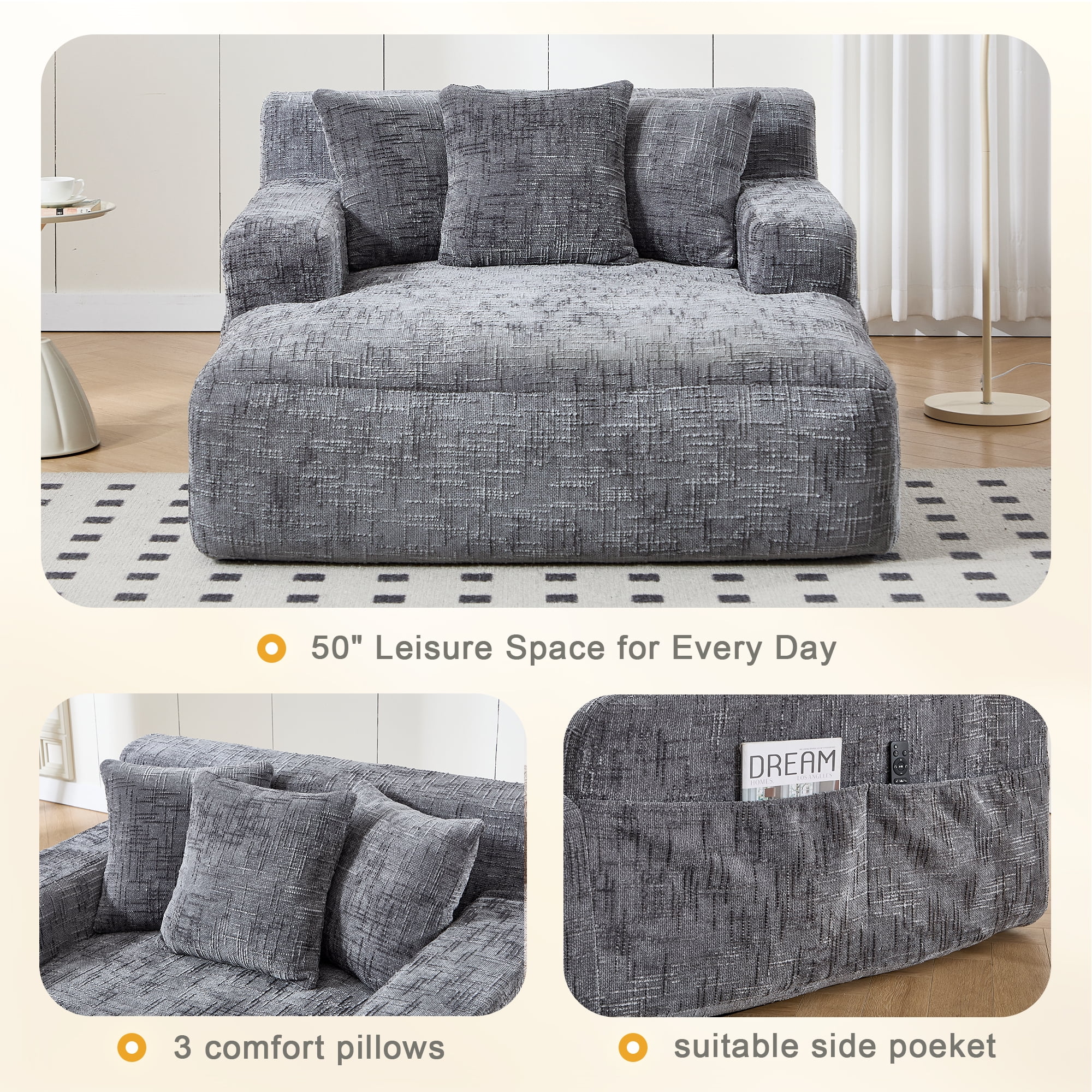 MOONMISS Oversized Chaise Lounge Chair Indoor Furniture, No Assembly Required, Plush Chenille Cloud Floor Sofa Bed for Living Room,Gray