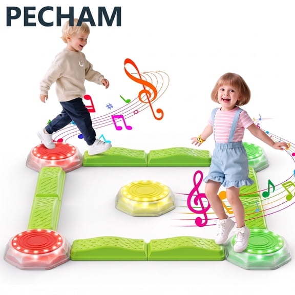 PECHAM Light Up Balance Beam and Stepping Stones for Kids, 15PCS Non-Slip Sensory Obstacle Course with Music, Indoor Outdoor Toddler Toys Gifts for Boys Girls Ages 3-8