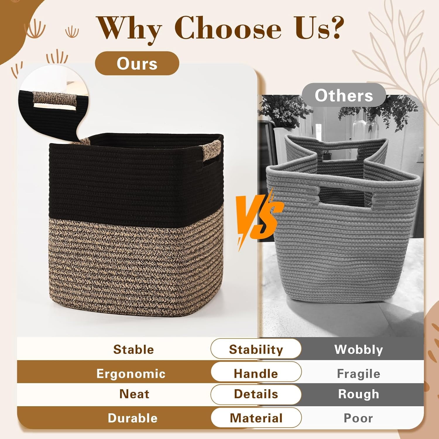 Natubeau 3 Pack Woven Storage Basket for Shelves, Cube Storage Bins, Cotton Rope Woven Baskets for Organizing, 11 Inch, Black