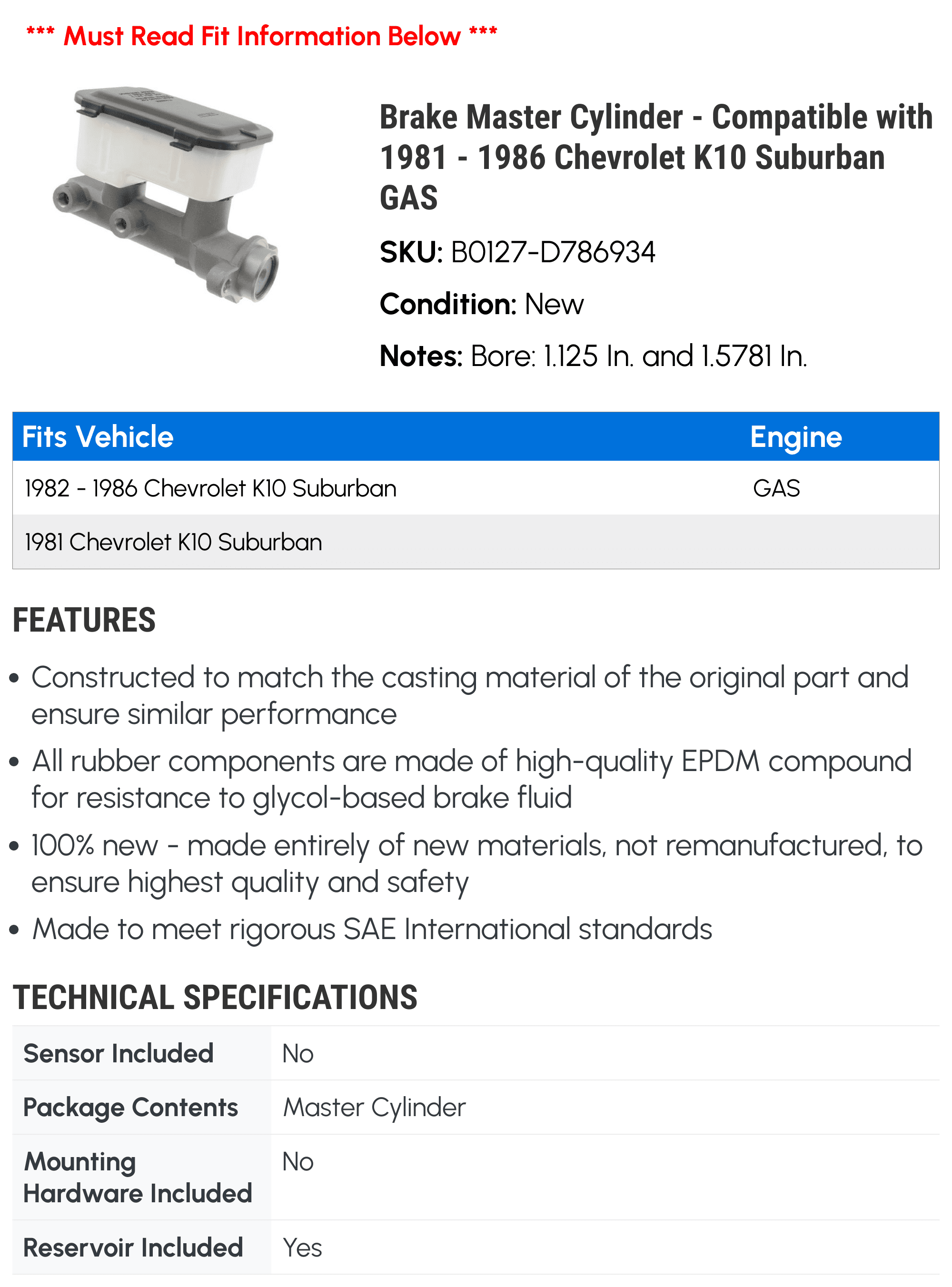 Brake Master Cylinder - Compatible with 1981 - 1986 Chevy K10 Suburban GAS 1982 1983 1984 1985