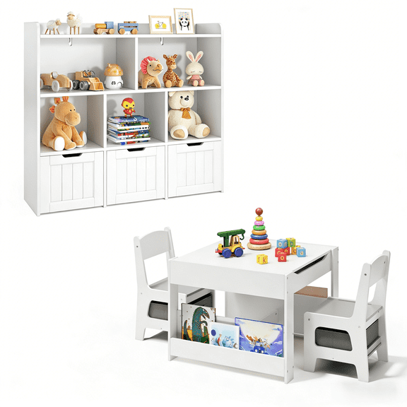 Asofer 4-Piece Play Furniture Sets, Includes Table, 2 Chairs & Toy Chest Storage Bookcase