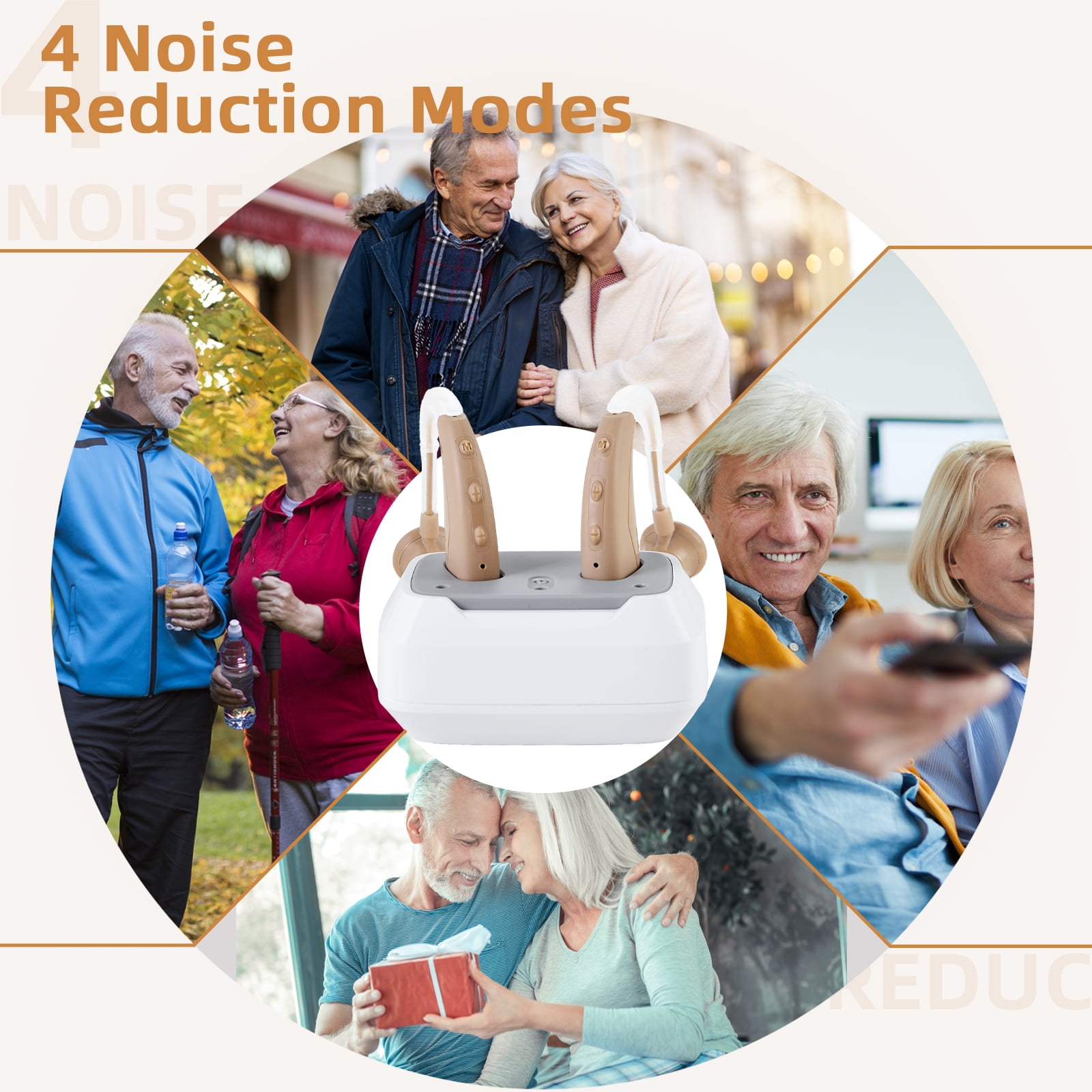 Delmicure Rechargeable Hearing Aids for Seniors, 4-Mode, Digital, Magnetic Charging, VHP-1021, Button Control, Beige