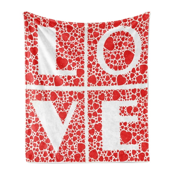 Love Soft Flannel Fleece Throw Blanket, Bicolored Letters Hearts Motif Graphic Romantic Theme Illustration Pattern, Cozy Plush for Indoor and Outdoor Use, 50" x 70", White and Vermilion, by Ambesonne