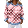 thumbnail image 1 of Mujeres de verano Tops Casual cuello redondo moda regular a cuadros no posicionado impresión solapa blusa cuello redondo Tops para mujeres, 1 of 5