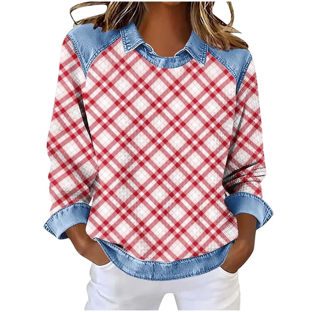 Mujeres de verano Tops Casual cuello redondo moda regular a cuadros no posicionado impresión solapa blusa cuello redondo Tops para mujeres