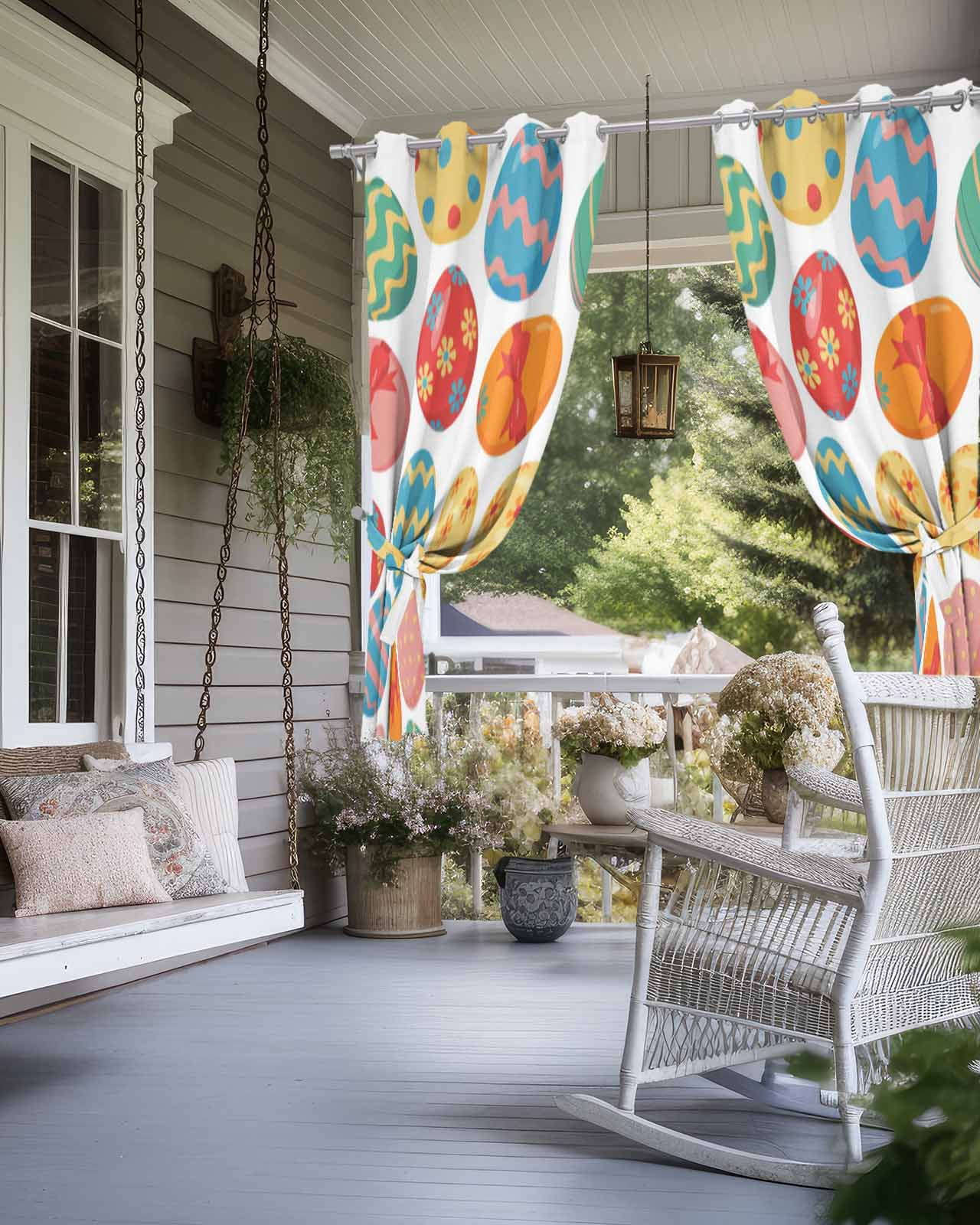 Easter Eggs Outdoor Curtains for Patio, Spring Colorful Striped Dots Bow Egg Watercolor Privacy Drapes Grommet Waterproof Outside Curtains for Porch/Cabana/Balcony 54"x 108", 1 Panel