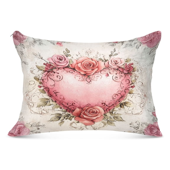 Beautiful Pink Heart with Roses Plush Pillow Cases Standard Size Ultra Soft Warm Pillowcases with Zipper 20"x26"