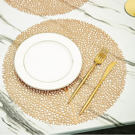 

Round Gold Placemats 6 Pack Decorative Placemats Round Placemat PVC Placemats Hollow Table Place Mats Washable for Dining Table