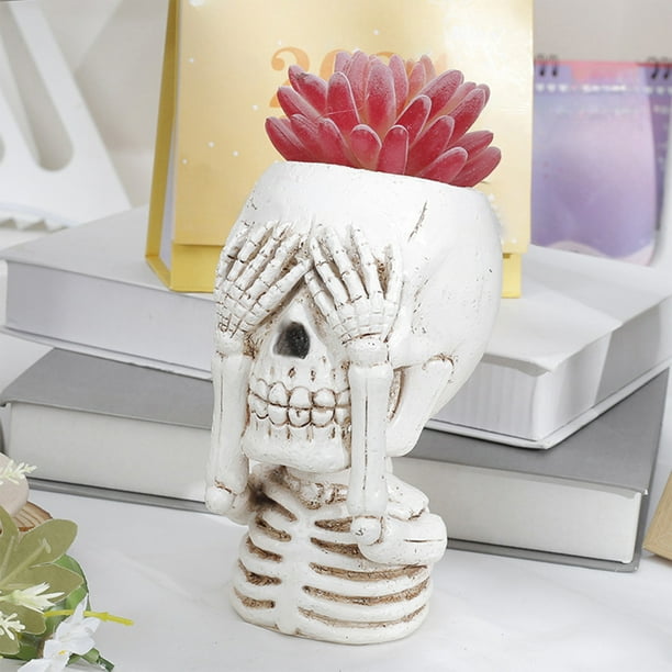 Macetas Decorativas con Forma de Calavera para Halloween | Maceta de Resina Pintada a Mano para Exteriores | Blanca | 16,2 X 12 Cm | Decoración Terrorífica para Fiestas de Halloween | 1 Unidad