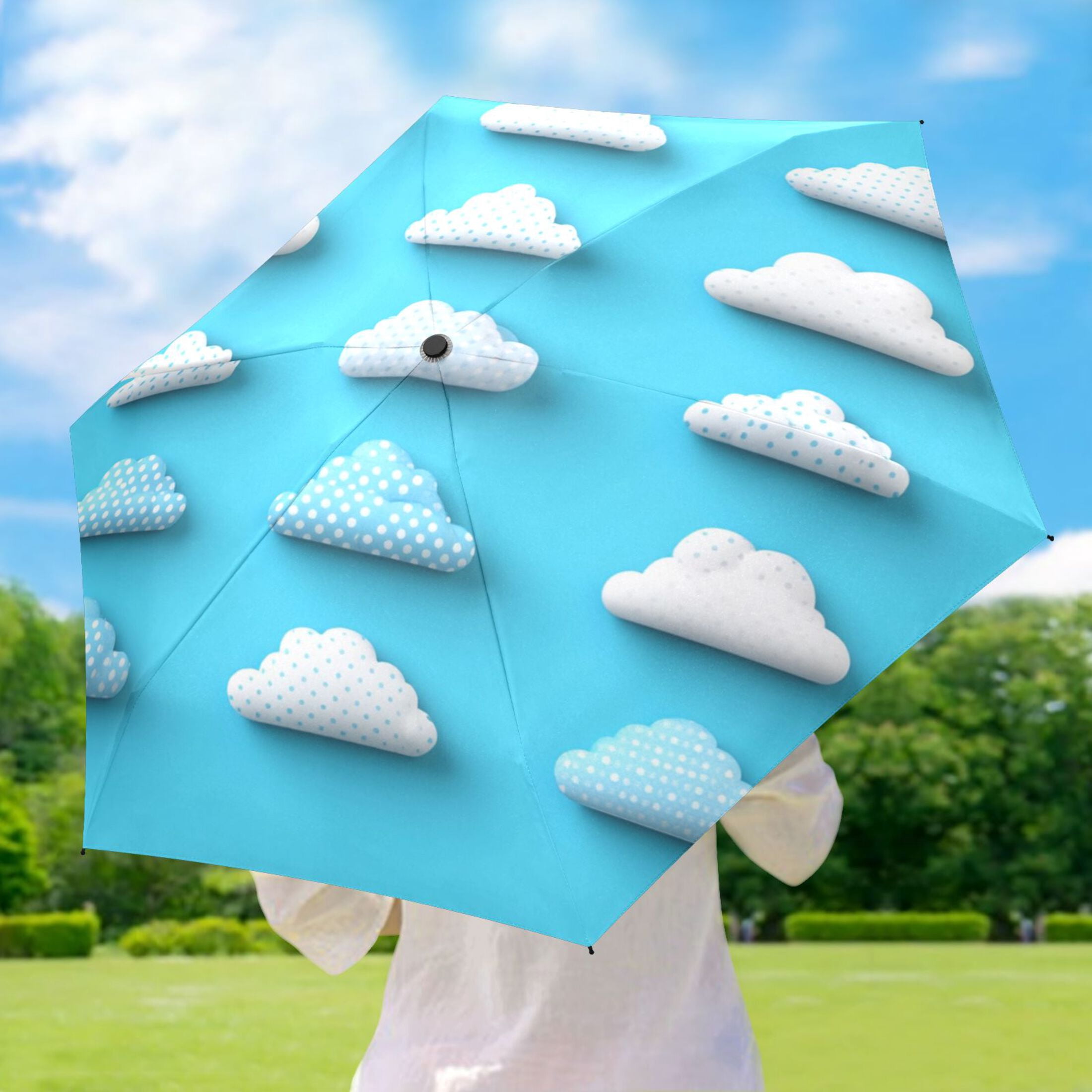 Polka Dot Clouds Umbrellas for Sun Auto Open Close UV50+ Waterproof 5-Fold Compact Fiberglass Frame