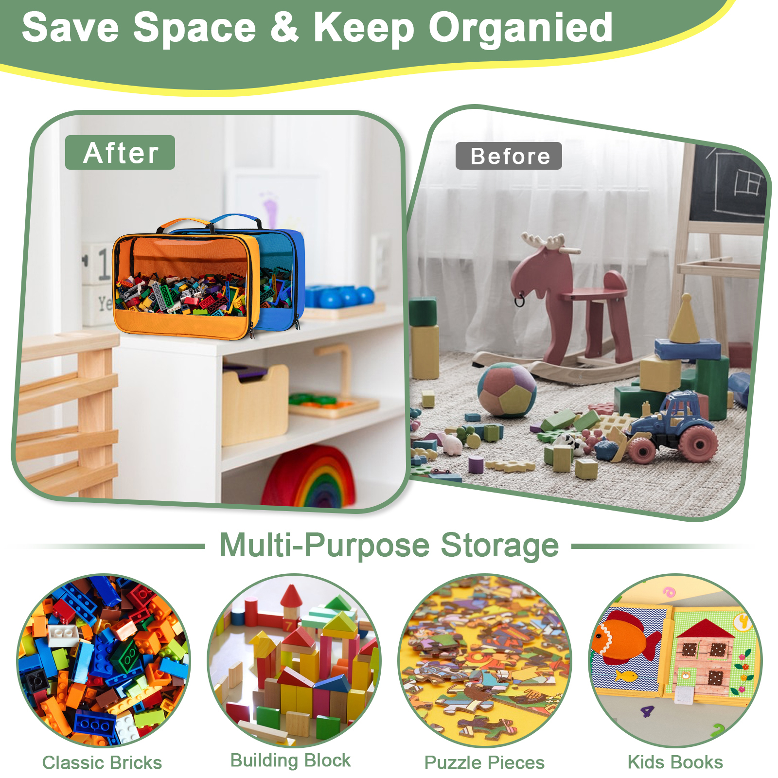 4 PCS Toy Storage Bags, Classic Bricks Building Set Storage Bag, Travel Case for Building Toys, Puzzles