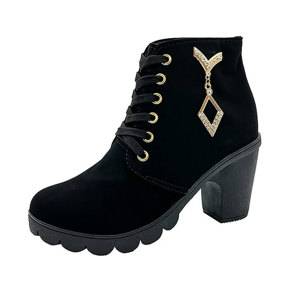 TAIAOJING Women's Lug Combat Boots Shoes Thick High Heel Boots Leather Boots Thick Heel Boots Breathable Round Toe Short Boots