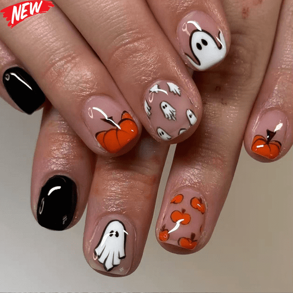 24PCS Short Square Halloween Press On Nails, Nude Clear Fake Nails with White Ghost & Orange Pumpkin Print, Glossy Black Accent Reusable Fall False Nail Tips, DIY Manicure Kit for Women Halloween