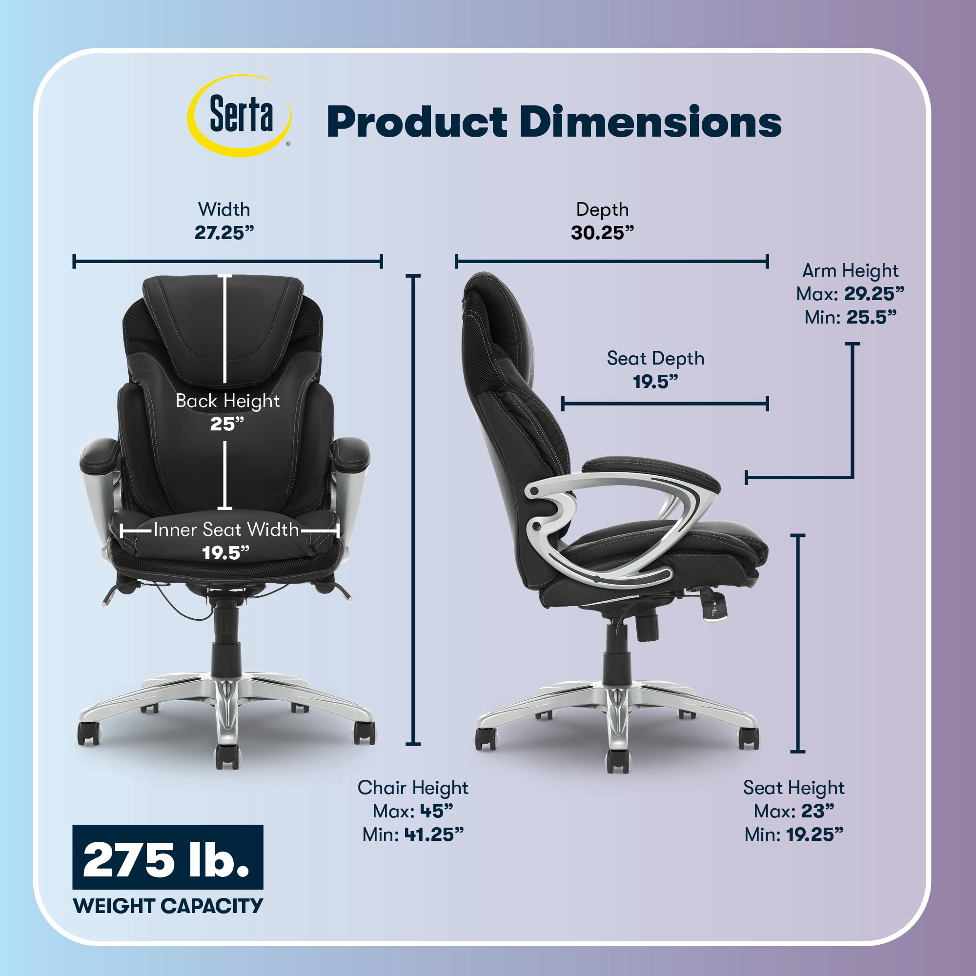 Serta Bryce Executive Office Chair - Ergonomic Computer Desk Chair with Patented AIR Lumbar Technology - Adjustable Height - Memory Foam Body Pillows - 360° Swivel Rolling Base - Bonded Leather - Bla