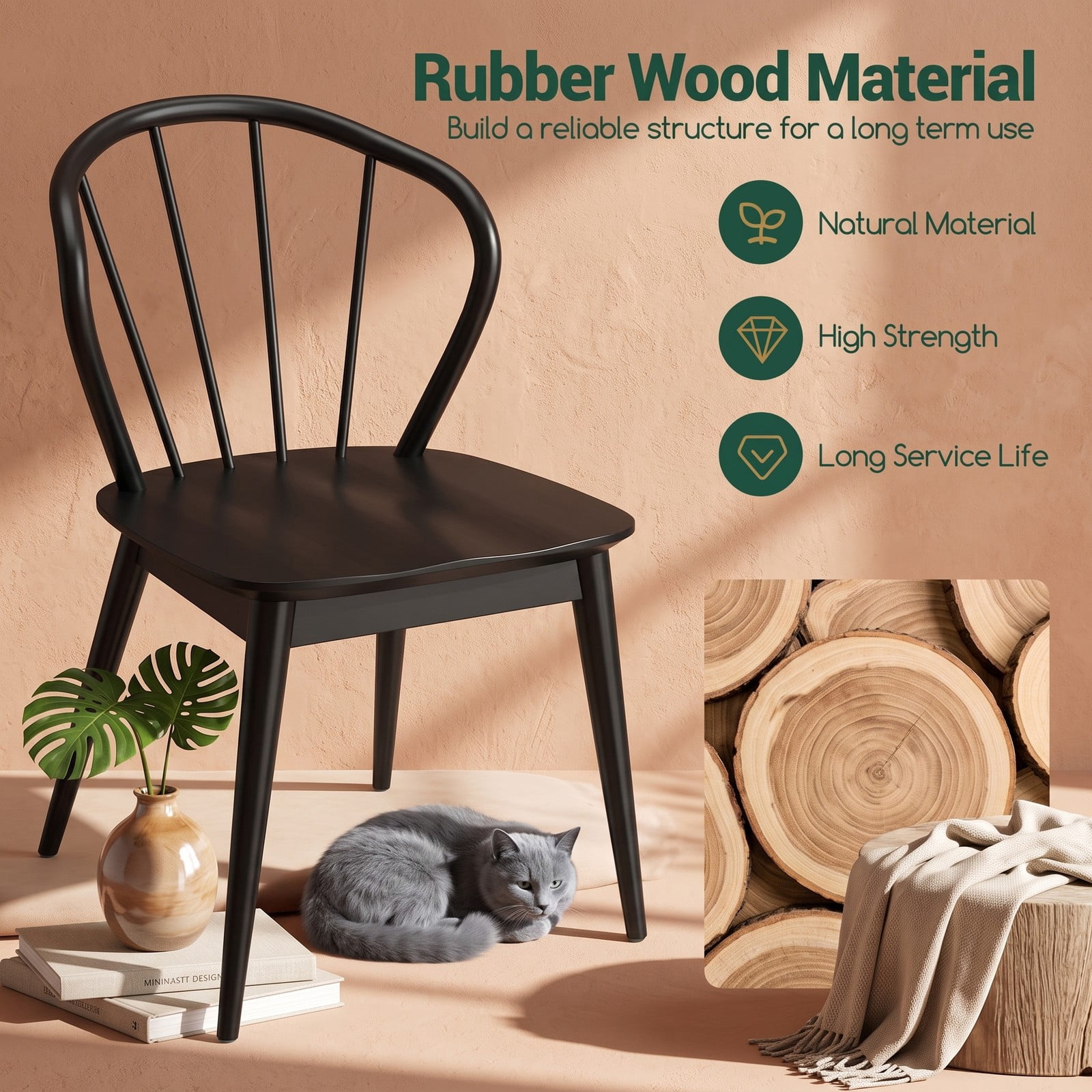 Furnibear Wooden Dining Chair Set of 2, High Spindle Back Kitchen Side Chairs with Wide Seat, Solid Rubber Wood Frame Armless Accent Chairs for Dining, Walnut Black