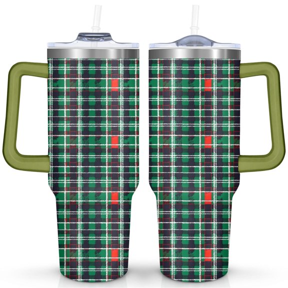Green and Red Checkered Stripes 40 Oz Tumbler with Handle Lid and Straw Stainless Steel Double Walled Vacuum Insulated Cup Merry Christmas Gifts Tumbler for Women Men Friends Outdoor Indoor