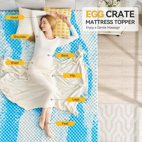 2 Inch Egg Crate Memory Foam Mattress Topper Twin Size, Soft Bed Pad for Back Pain Relief, CertiPUR- Certified, Blue