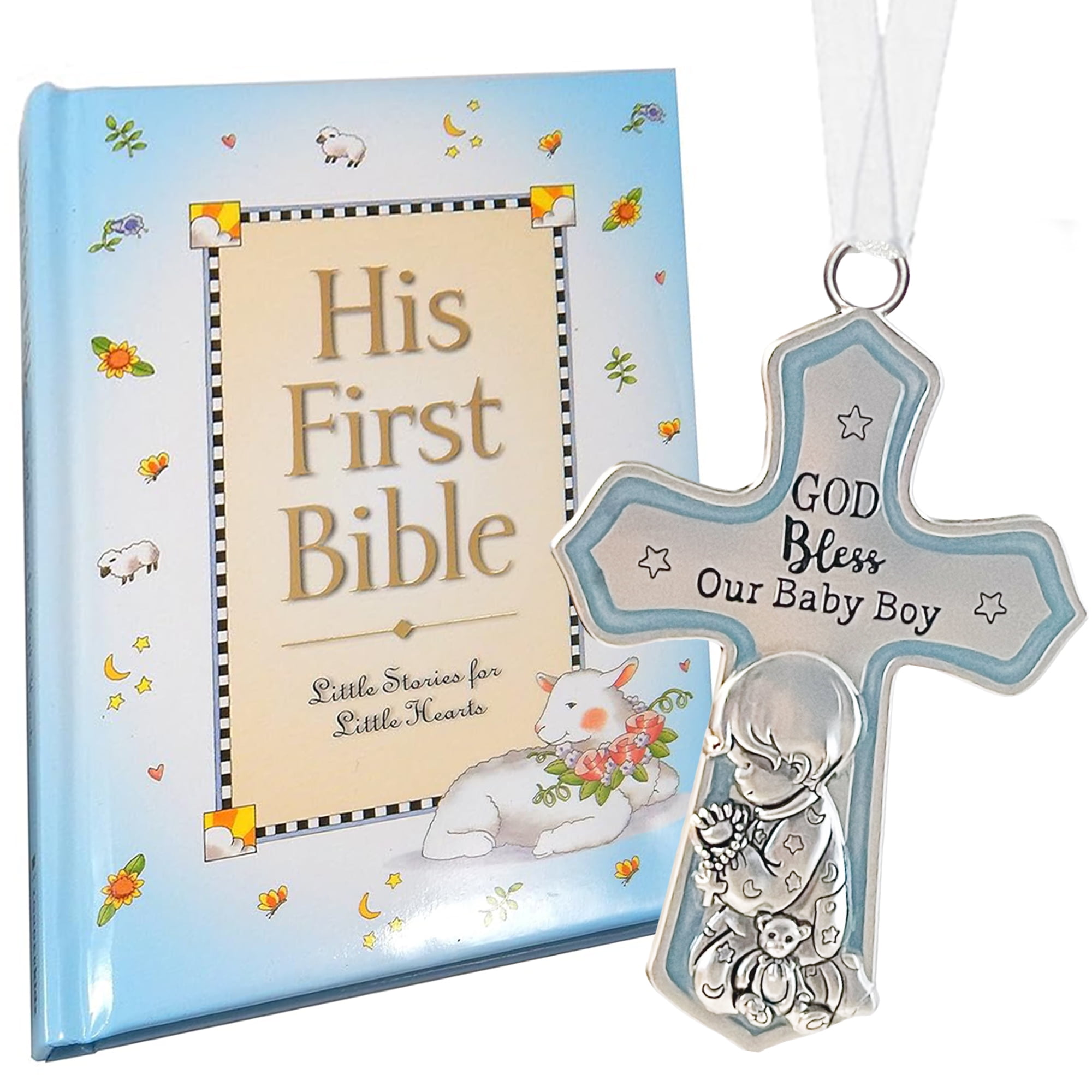 Baby Boy First Bible and Baptism Cross Set