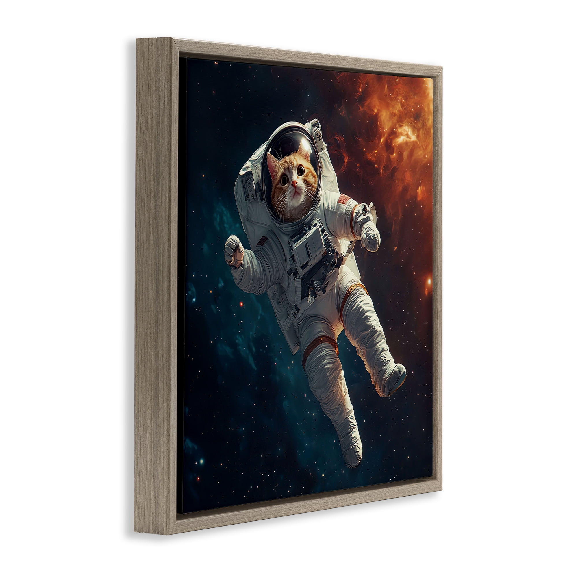 Interstellar Cat Astronaut Brown Framed Floater Canvas Wall Art, design by Jim Baldwin