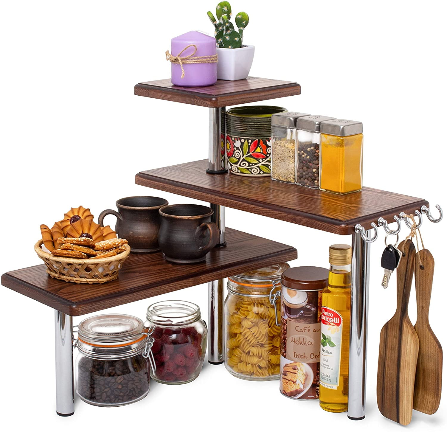 3 Tier Corner Shelf Natural Solid Ash Wood Countertop Organizer Bookshelf Display Shelves Space Saving Rack for Living Room, Kitchen, Office