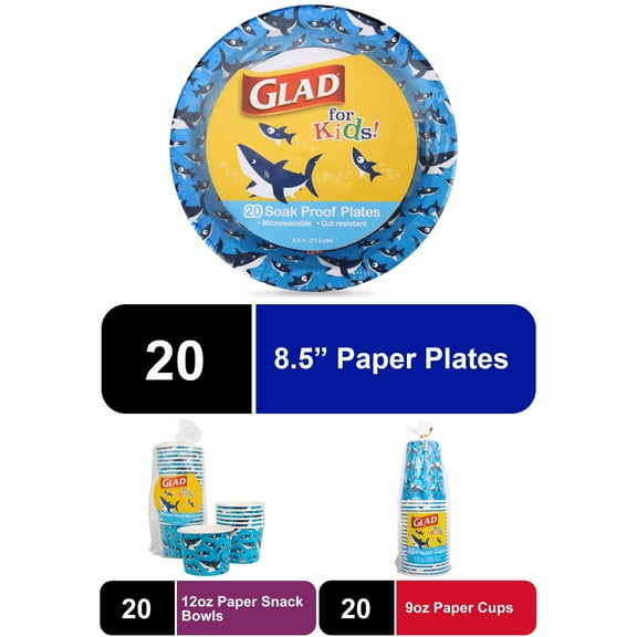 Glad Kids Sharks Disposable Plates Bundle (20 plates, 20 cups, 20 bowls)