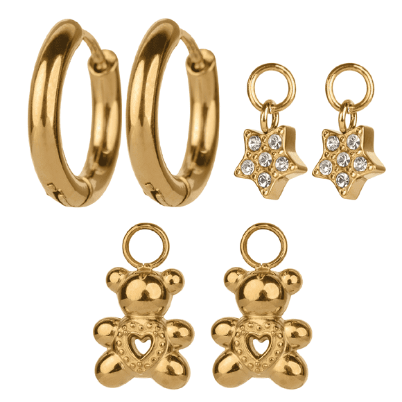 Aretes Mujer Oro 14k, LuckyLy Set de Regalo 3 en 1, Arracadas y Charms, Acero Inoxidable Baño Oro 14k, Zirconia Cúbica y Perlas – Joyería ideal como Regalos para Mujer San Valentín y Navidad, dorado