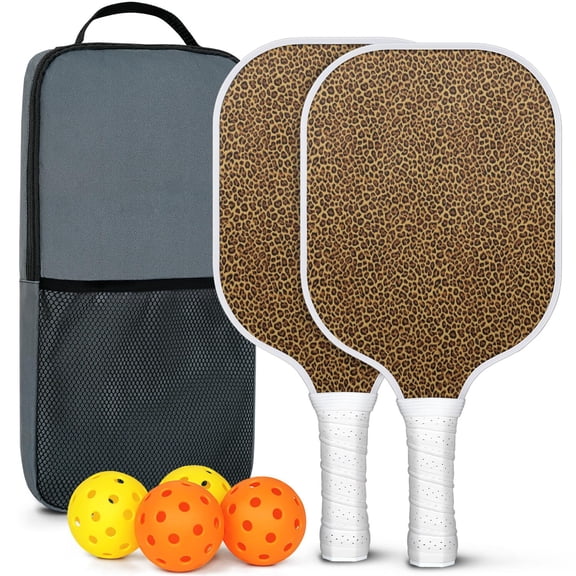Pickleball Paddles Set Of 2, Fiberglass Surface, Animal, Leopard Print, 4 Balls & Bag