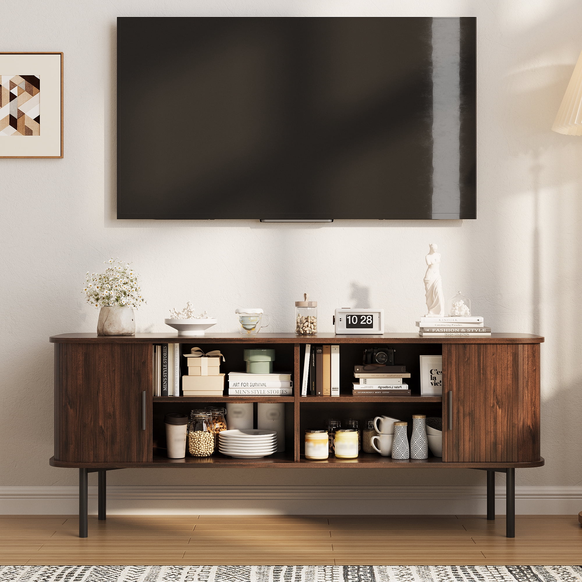 VEANERWOOD Fluted 55" TV Stand for TVs Up To 65", Console Table Credenza with Tambour Slatted Sliding Doors and Storage Shelves, Wood Entertainment Cente