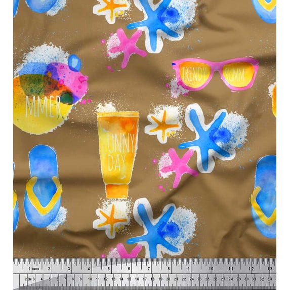 Soimoi Brown Poly Georgette Fabric Star,Slippers & Goggles Summer Designs Printed Fabric 1 Yard 52 Inch Wide