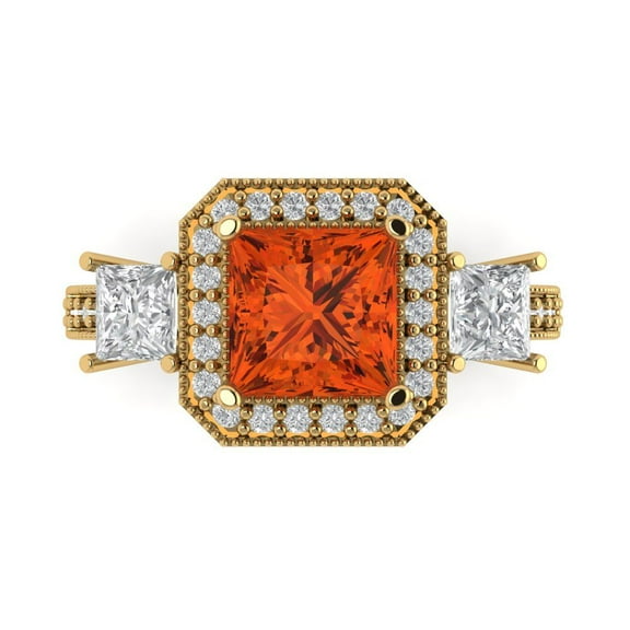 3.005 ct Princess Cut Simulated Red Diamond 3 Stone 18K Yellow Gold Womens Engagement Ring