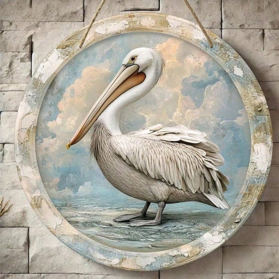 HELLOYOUNG Pelican Coastal Wall Art 2D Print Round Wood Sign, Home Decor for Living Room Kitchen Office, Vintage Beach Gift