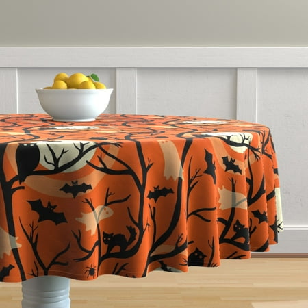 

Cotton Sateen Tablecloth 90 Round - Spooky Halloween Night Orange Black Branches Trees Print Custom Table Linens by Spoonflower