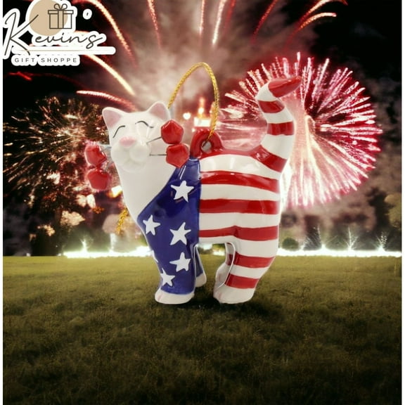 Ceramic Patriotic Cat Ornament 3x1.5x2.75 Independence Day Decor Gift for Cat