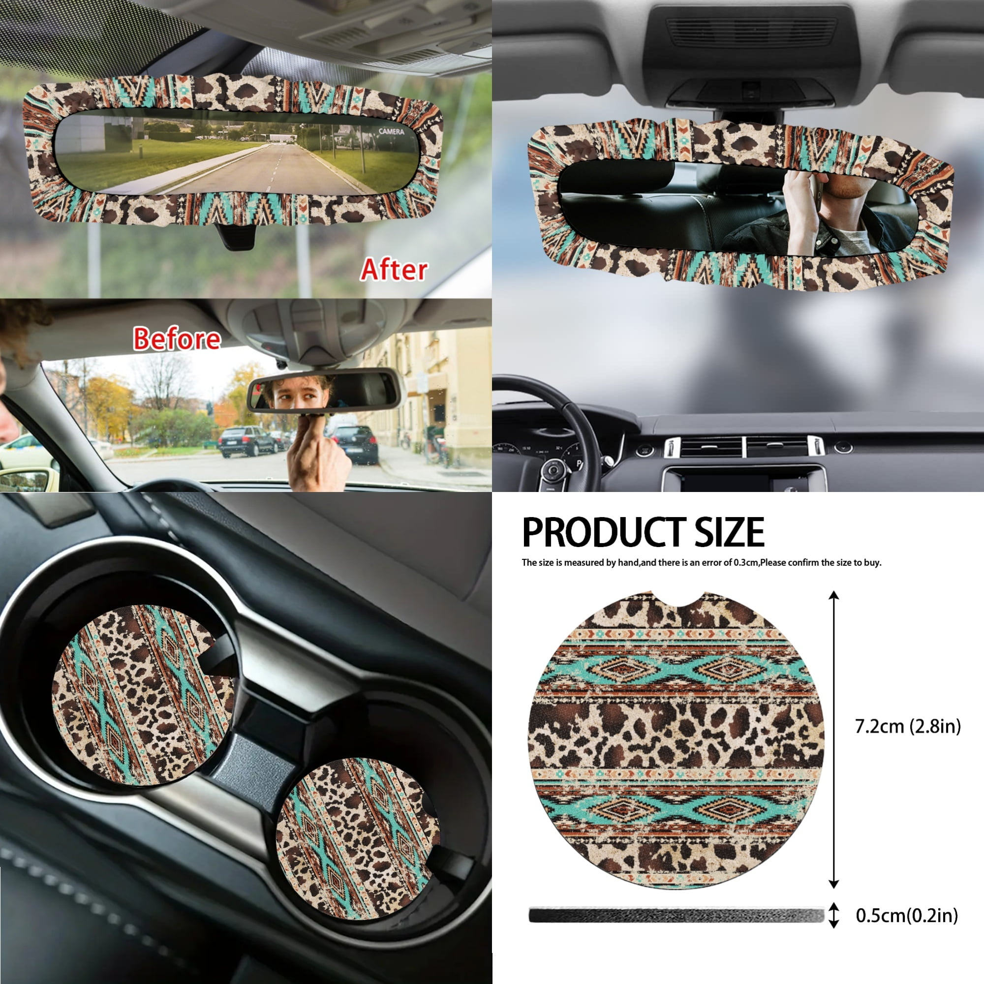 Renewold American Tribal Brown Cow Print Retro Car Seat Cover Full Set 14 PCS, with Steering Wheel Cover Seatbelt Pad Coasters Rubbish Bin Rear View Mirror Armrest Gear Shift Knob Cover Set
