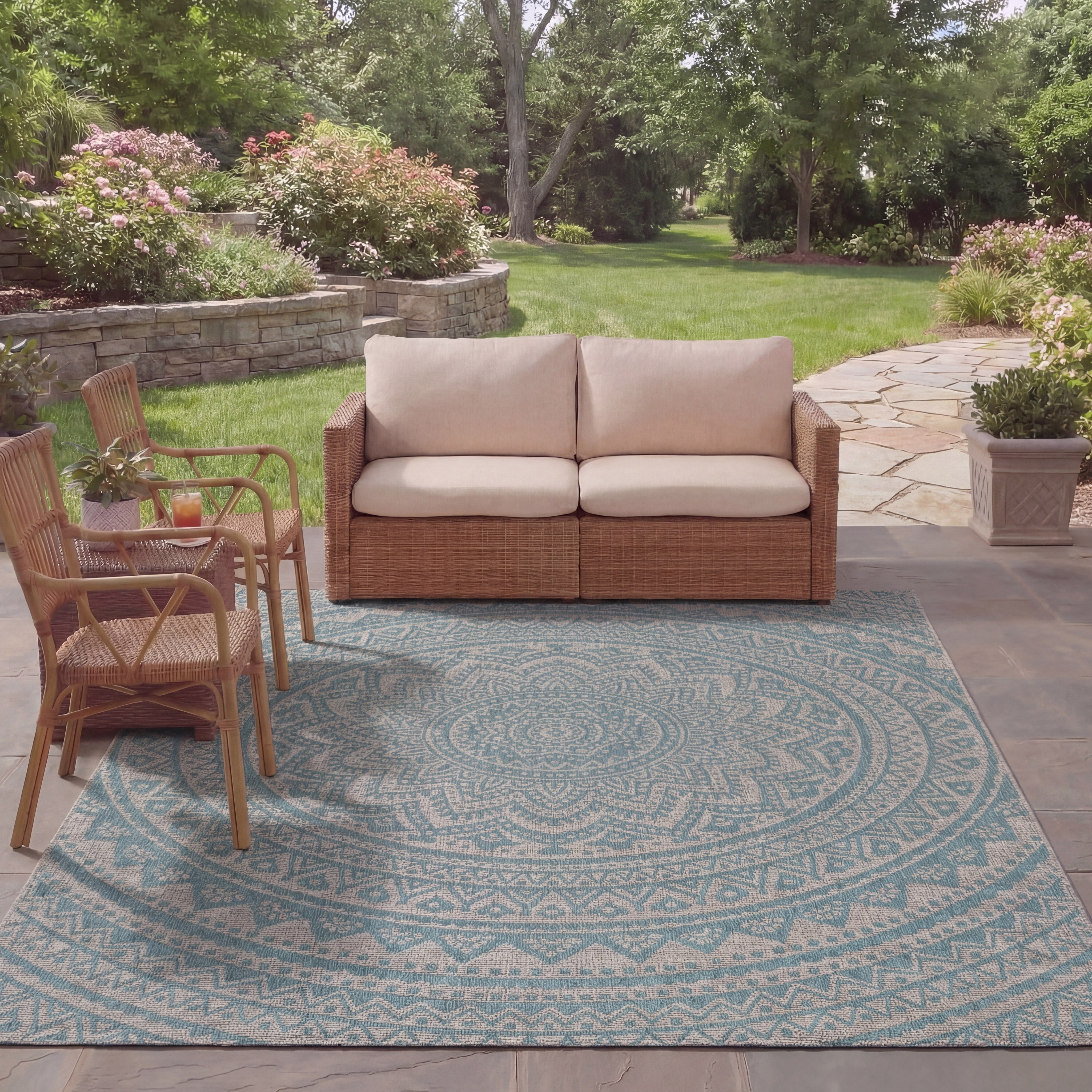 SAFAVIEH Courtyard Josiah Floral Medallion Indoor/Outdoor Area Rug, 6'7" x 6'7" Square, Light Grey/Aqua