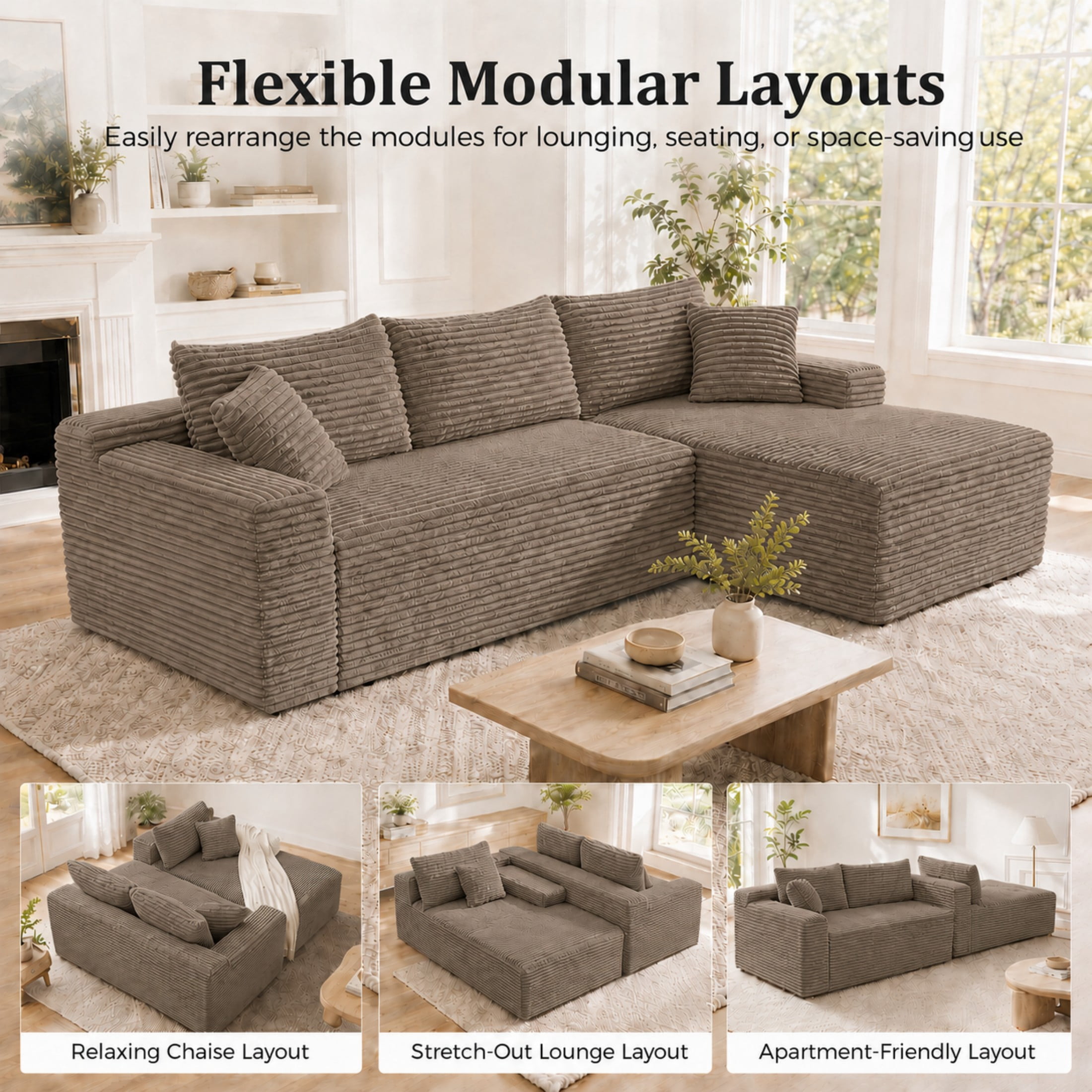 Aenkyo 106 Inch Corduroy L-Shaped Cloud Sectional Sofa with Reversible Chaise, Camel