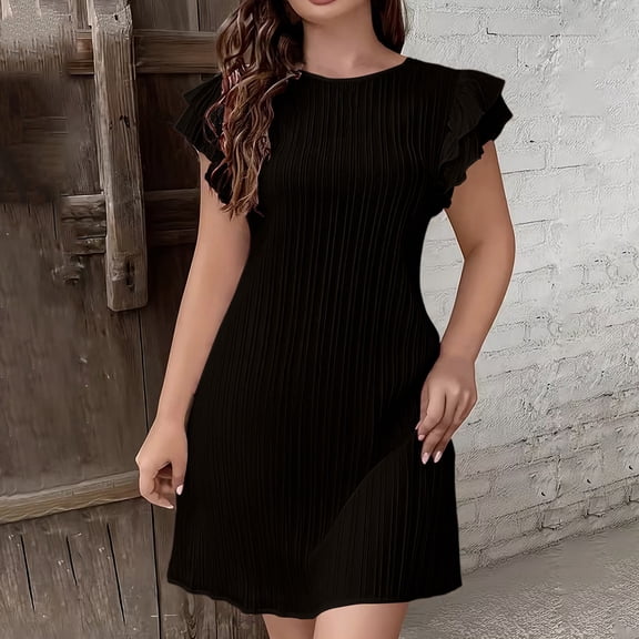 Ladies Ruffle Short Sleeve Dresses for Women Crew Neck Long Plain Fall Summer Dresses 2026 Clothing Regular Fit