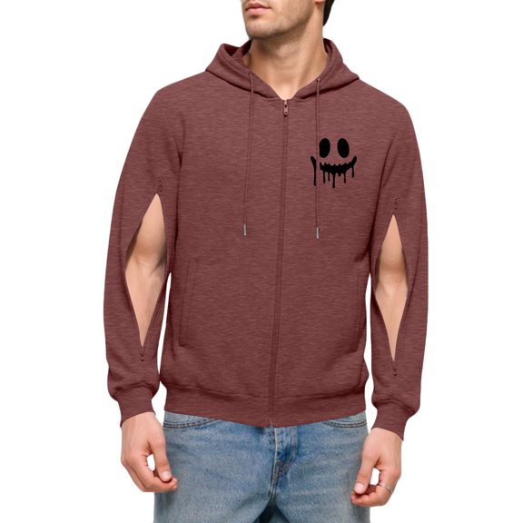 Mens Sweatshirts Long Sleeve Drawstring Causal Graphic Printed Hooded Zipper Sweatshirt Coat with Pockets (XL, Wine)