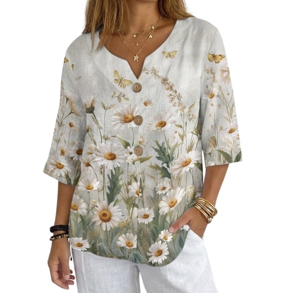 Xoenoiee Butterfly White Daisy Print Linen Shirt for Women Spring Summer V Neck Button Down Linen Tops 3/4 Sleeve Oversized Blouse Women Casual Outfit, 3X-Large