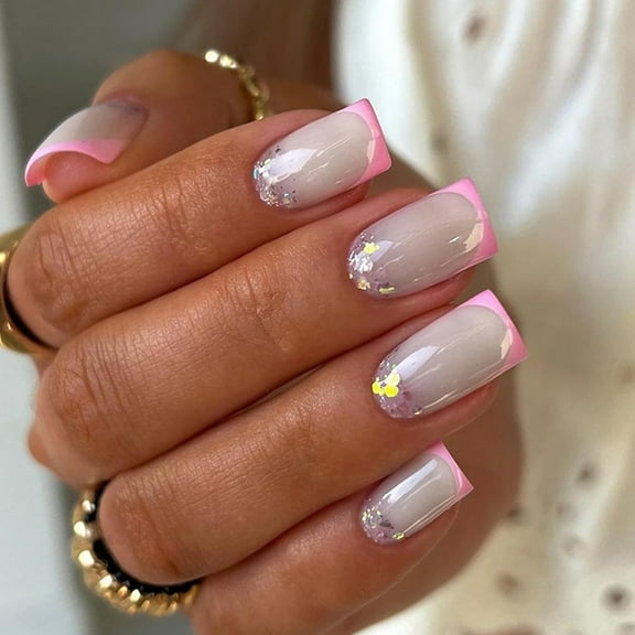 French Tip Press on Nails with Charms Medium Fake Nails White French Nails Press ons Cute Bow Stick on Nails Long Square Shape Acrylic Nails Heart Nails Rhinestones Nails for Women Daily Wear White