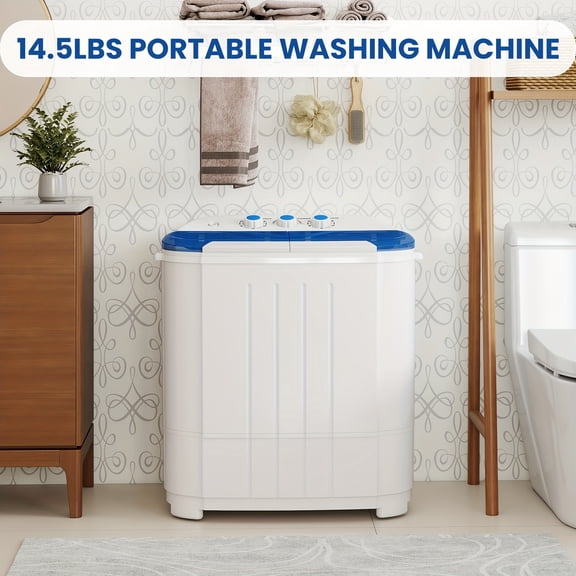 14.5 Lbs Compact Mini Twin Tub Washing Machine, 9.5 Lbs Washer   5 Lbs Spin Dryer, Gravity Drain & Time Control, Semi-Automatic Laundry Combo for Apartments, Dorms, RVs