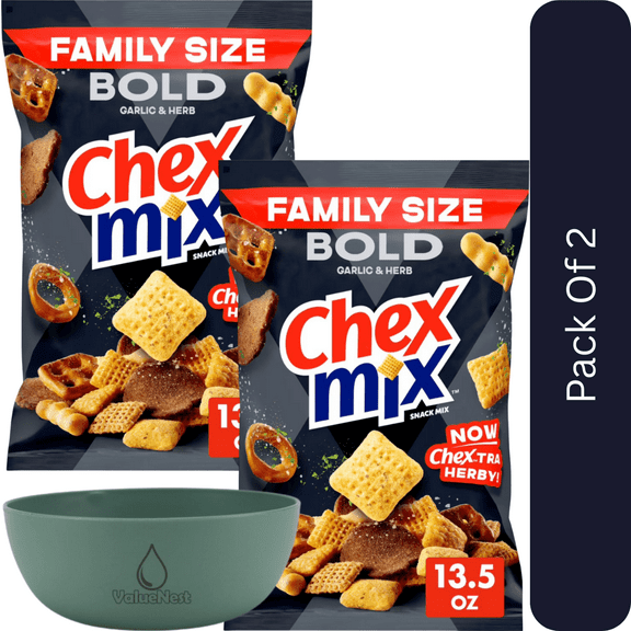Chex Mix Bold Garlic & Herb Snack Mix, Family Size, 13.5 oz-2pk, With Olive Green Bowl By ValueNest